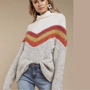 Free People Cream Chevron Turtleneck Sweater